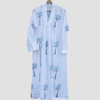 Wholesale Indian Cotton Block Print White Dress Sketer Circle Dress Casual Summer Wear Woman Long Dress