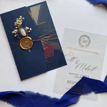 5*7 inches Custom Printed Blue Luxury Acrylic Wedding Invitations with Envelope Self Sealing Wax Seal wedding invitation card