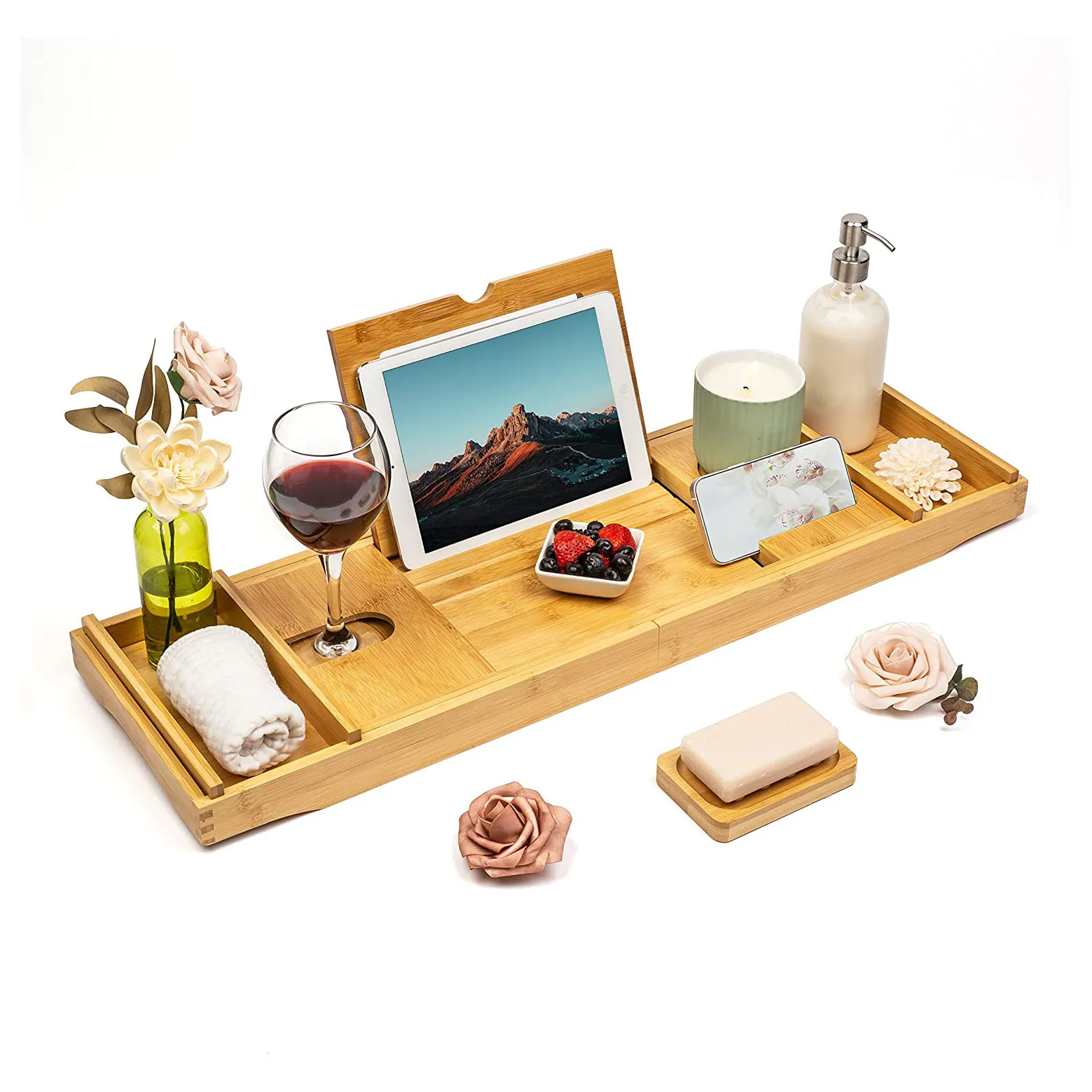 Expandable Bamboo Bathtub Tray Bamboo Bath Tray For Tub With Book Stand