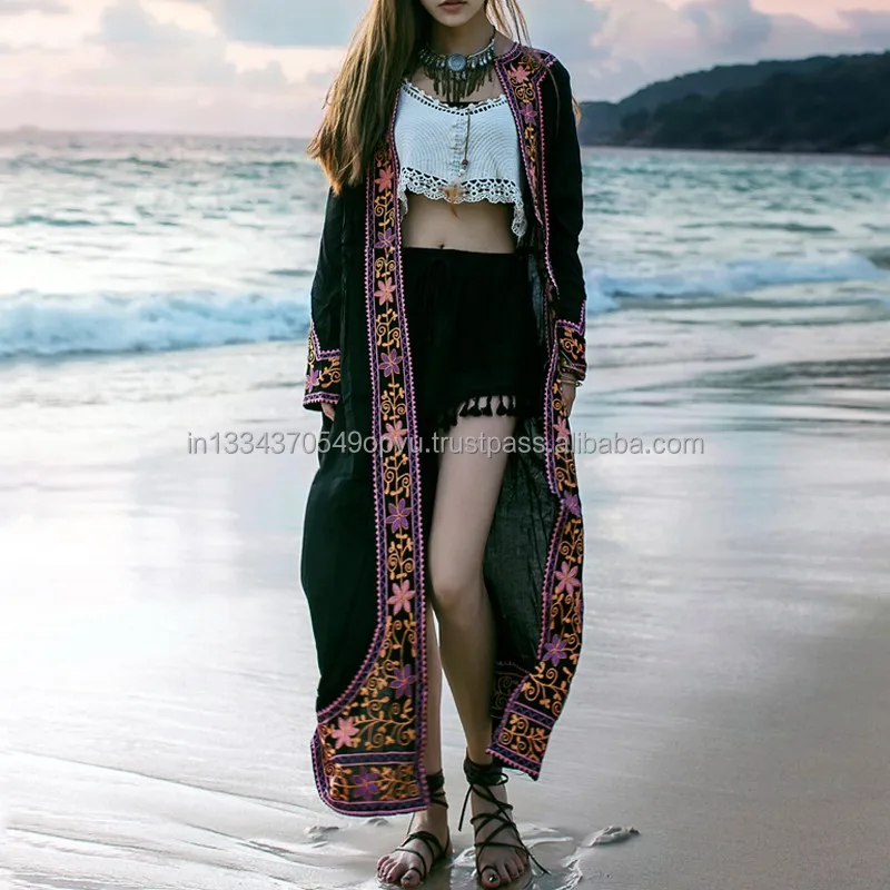 Boho Hippie 100/% Seda Kimono de playa encubrir vestido largo abrigo azul Oscuro Talla Única