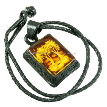 Square gemstone pendants with tree made of natural amber necklace for women, handmade jewelry in black leather wholesale prices