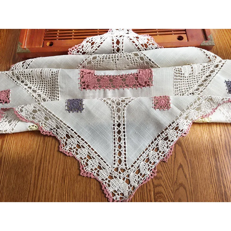 Vintage White Cotton Rectangle Tablecloth Pineapple Crochet Embroidered Pattern Square Lace Design for Weddings