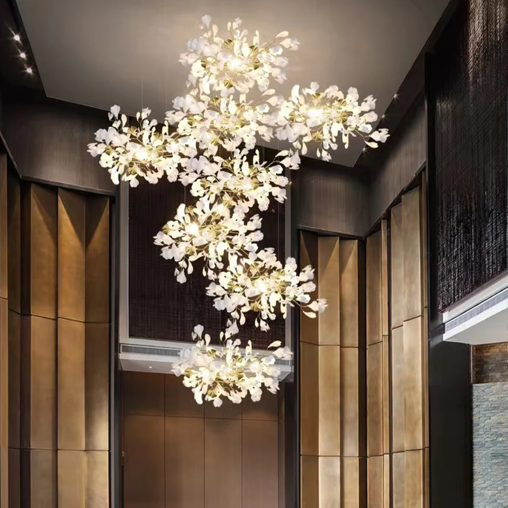 Длинная Керамическая люстра с цветами и листьями гинкго, роскошная художественная люстра