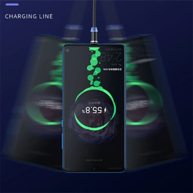 2m 6ft Magnetic Usb Cable with Micro USB/Type-c/8 Pin Connection & Blue LED Light for iPhone Android Phone Charging Cable