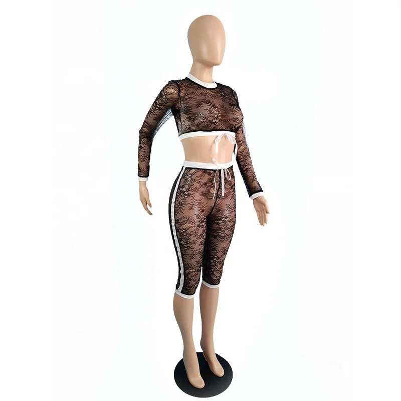 
QC-TC077 2021 трендовые прозрачного кружевного полотна с длинным рукавом Топ и короткие штаны, черный комплект из двух предметов, комплект с шортами 