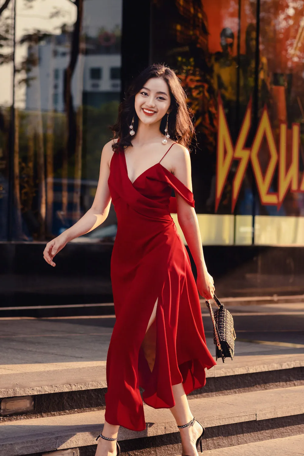 New Arrivals Solid Chiffon Cross V Neck Natural Waist Burgundy Maroon Midi Dresses Women Party Prom Night Zippers Asymmetrical