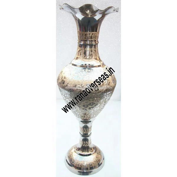 Floor Decorative Nakkashi Work Nickle Plated Brass Flower Vase for Home Bed and Living Room