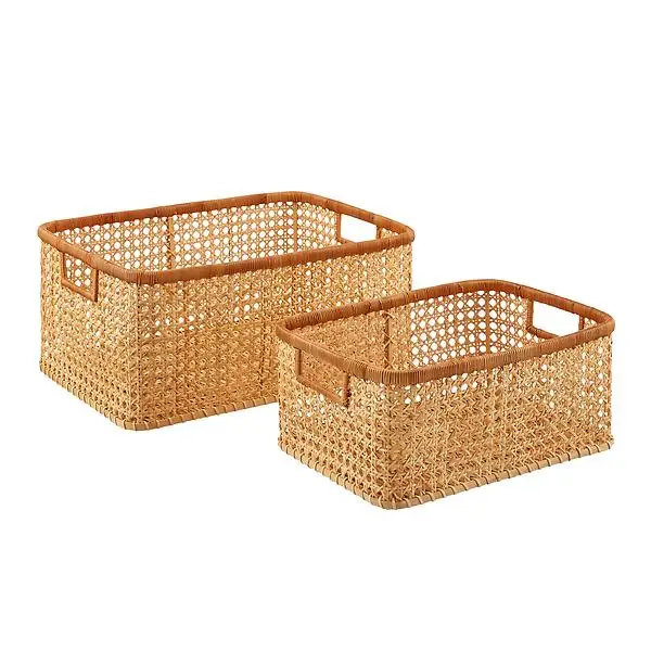 Airy Rattan Cane Webbing Rectangular Storage Basket With Hole Handle