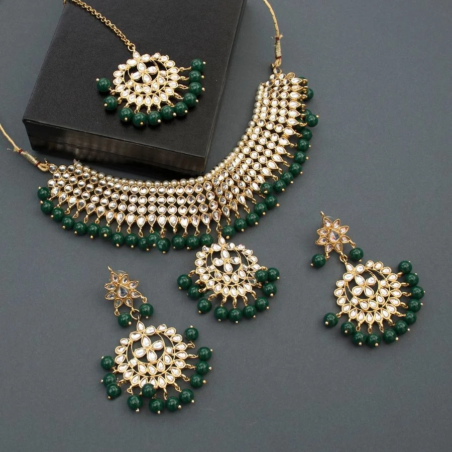 Ethnic Indian Fashion Jewelry Wedding kundan Necklace Earring Tikka Set Women 