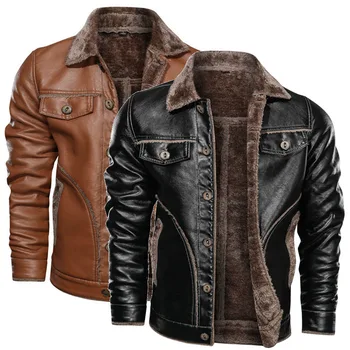 Men's PU Leather Jacket Fleece Lined Winter Lapel Sherpa Thicken Oversized Faux Leather Motorcycle Coat Outwear