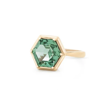 Hexagon Shape Green Tourmaline Ring 14k solid Yellow Gold Ring Unique Design Ring For Women Jewelry Manufacturer