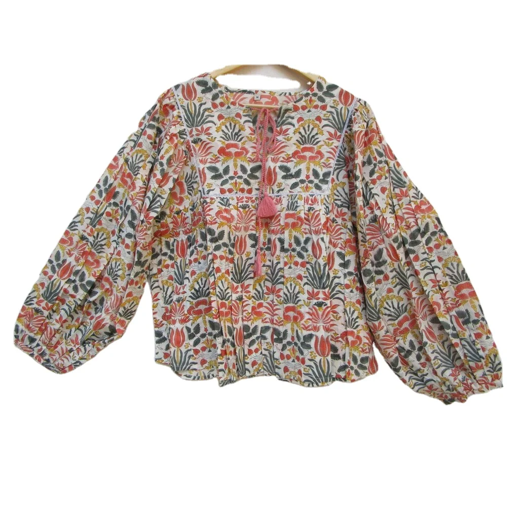 Hand Block Printed Round Neck Design Of Blouse With Balloon Sleeve - Travel  Wear Printed Blouse Tops - Buy Women's Blouses Women's Blouses,Plus Size  Women's Blouses Tops For Women,Women's Blouses & Shirts