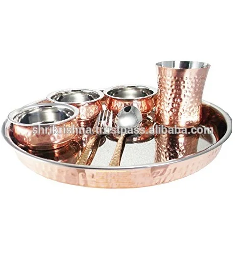 Vaisselle Indienne Thali En Acier Inoxydable Et Cuivre Martelé - Set Complet (assiette, 4 Bols, Verre, Cuillère) - Cadeau Traditionnel