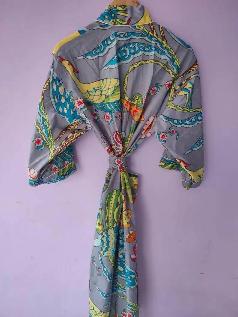 Fashionable Lady Over Sized Printed Cotton Kimono Customized Maxi Dress for Summer and Spring in Closure Wide Kimono Sleeves set