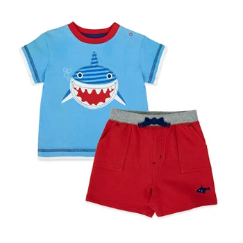Baby Boy Clothes Set Toddler Boutique Custom OEM Print Shark Cotton Blue Red Walmart