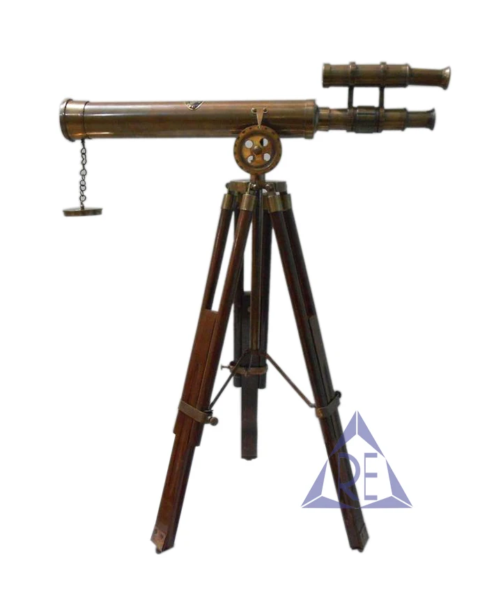 Antique Brass Double Barrel Telescope With Wooden Tripod Stand Marine