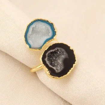 Natural geode druzy agate ring gold plated fashion gemstone ring electroplating handmade ring for men & women
