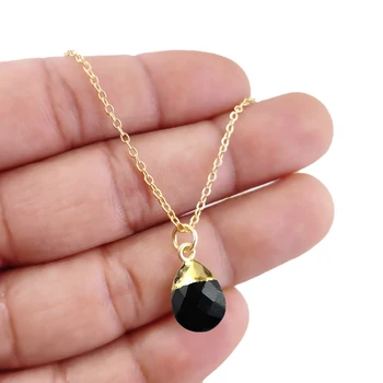 Black Onyx Gemstone Pear Drop Pendant Necklace, Electroplated Pendant Necklace, 9x13mm Pear Cut Gemstone Ch