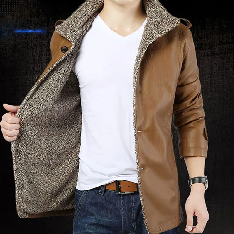Men's Fleece Leather Jacket Sherpa Lined Stand Collar Pu Faux Leather ...