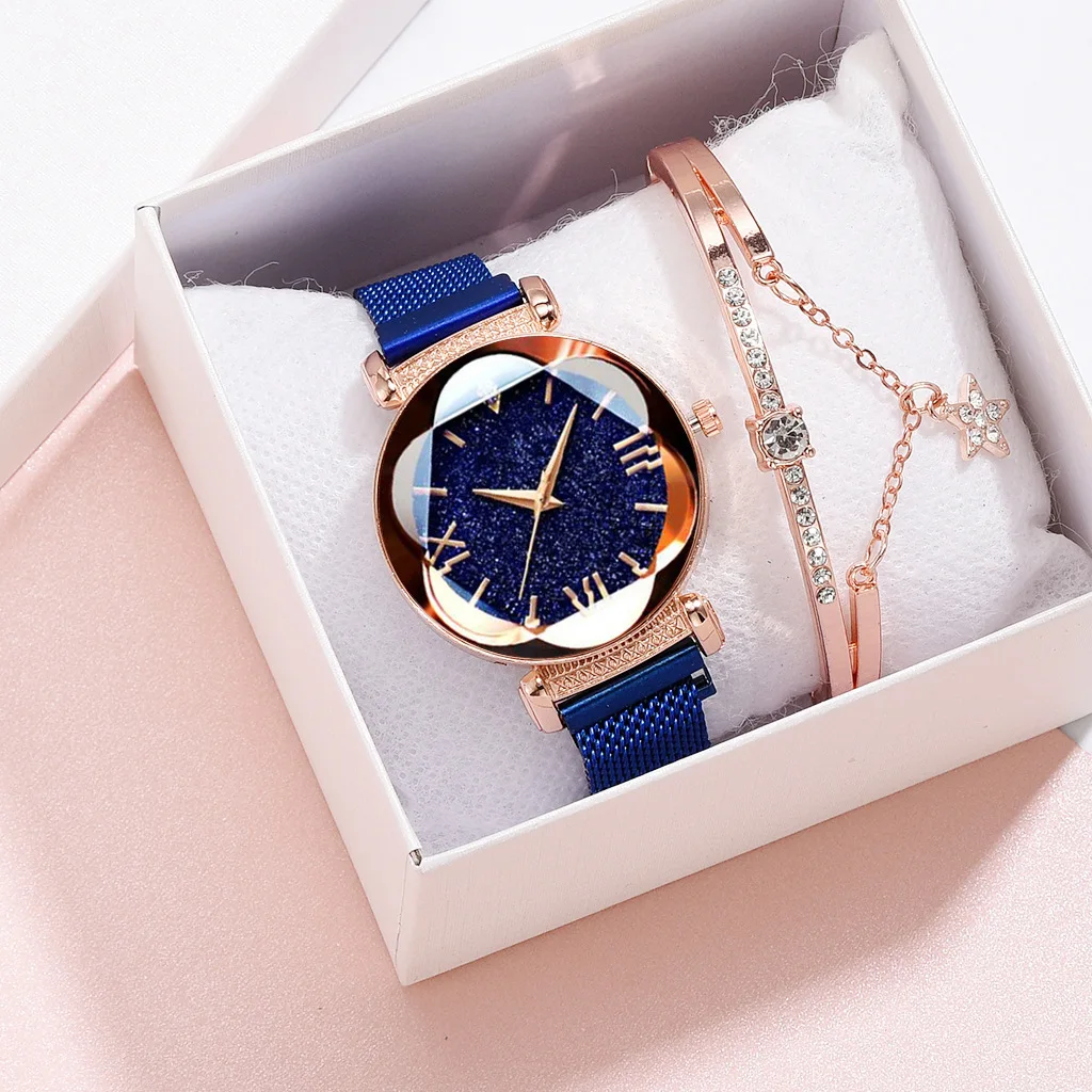 Women Hot Sale Lady Metal Mesh Strap Starry Sky Gift Bracelet Watch Set