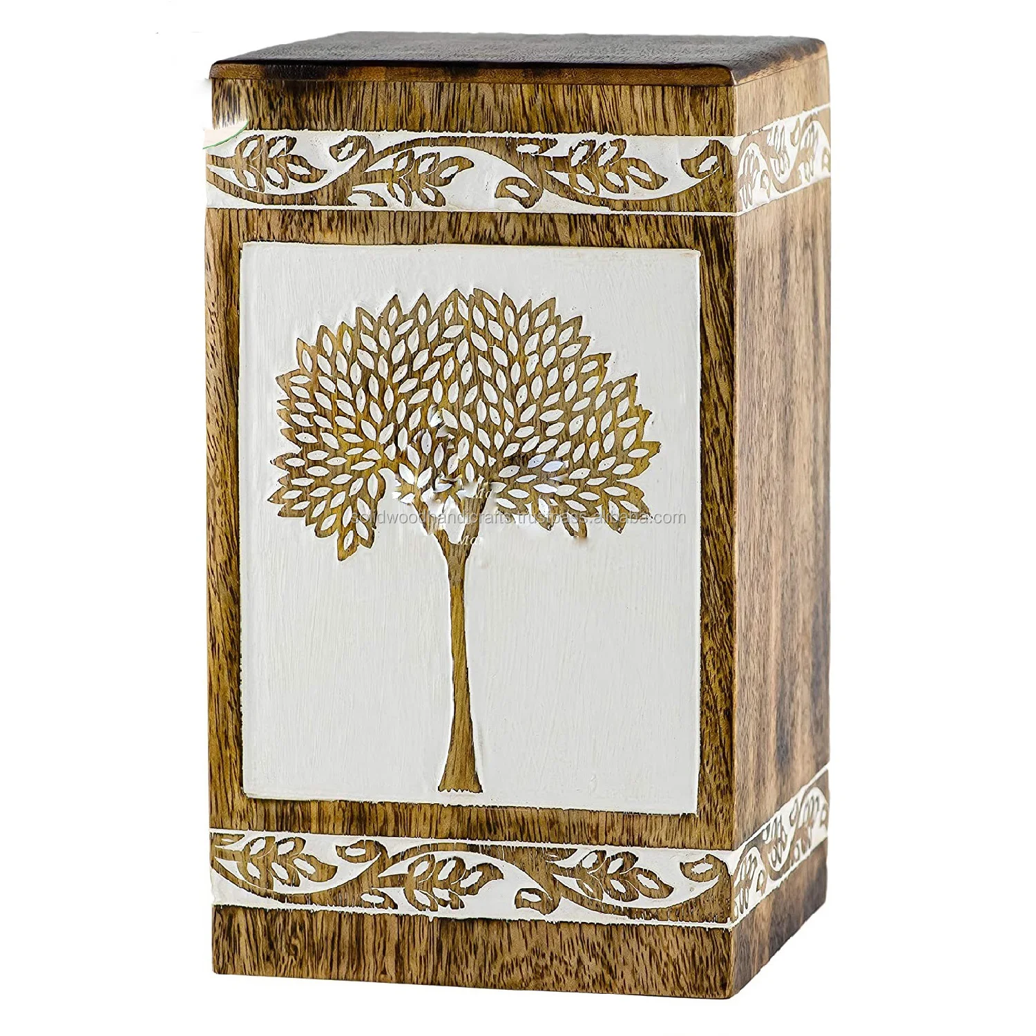 Antique Hand Engraved Design Wooden Urns Tree Of Life Funeral Ash