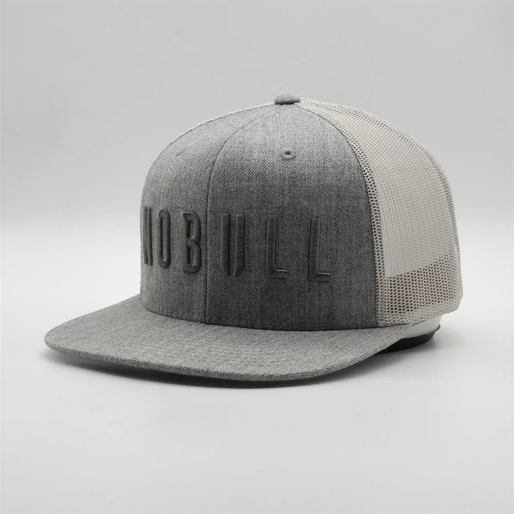 Custom High Quality 6 Panel Flat Bill Mesh Snapback Trucker Cap,Wool Acrylic Heather Grey 3D Embroid