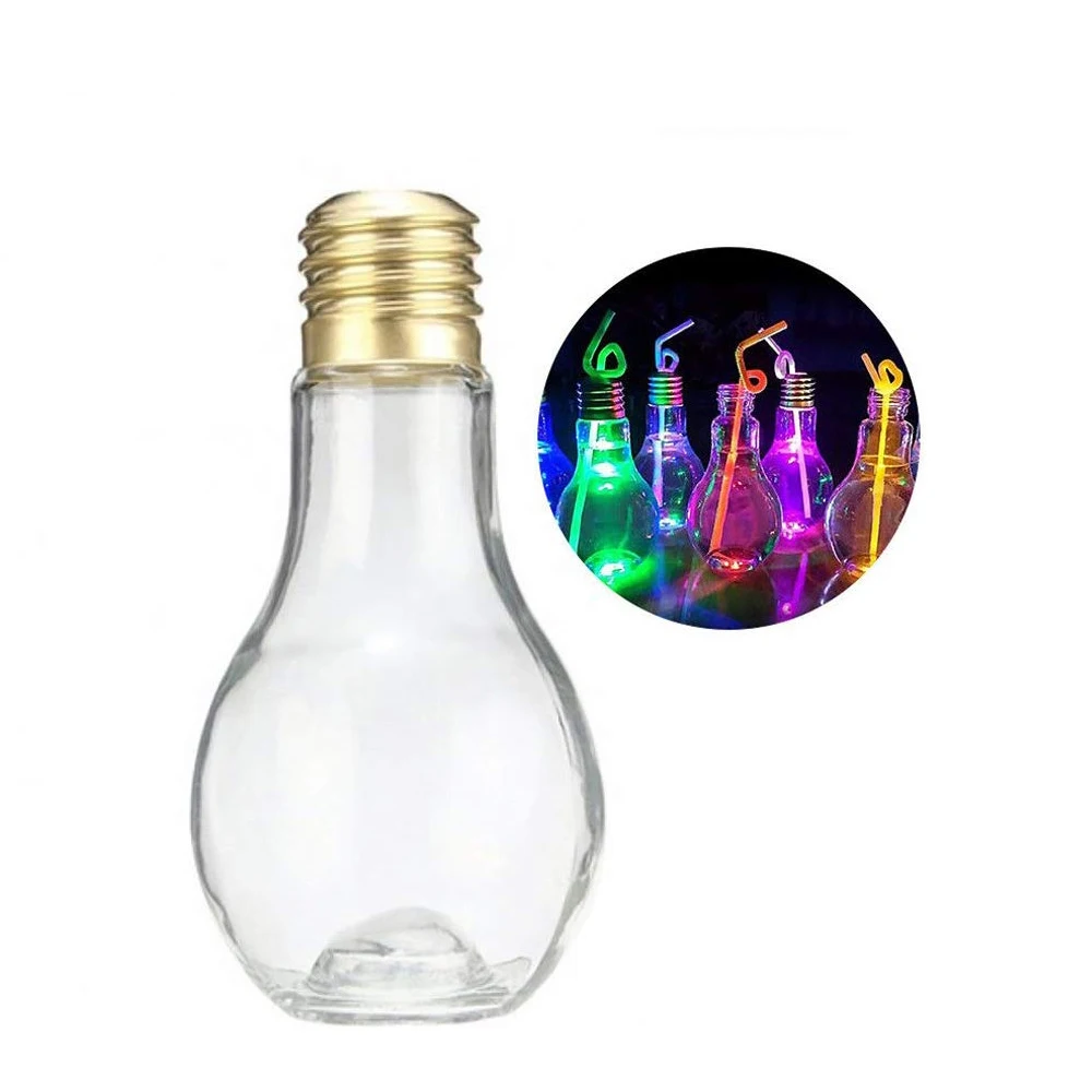 Promotion LED Light-Up Bulb-Shaped Drinking Glass Bottle Cup with Straw Plastic Party Supplies for Events Decoration