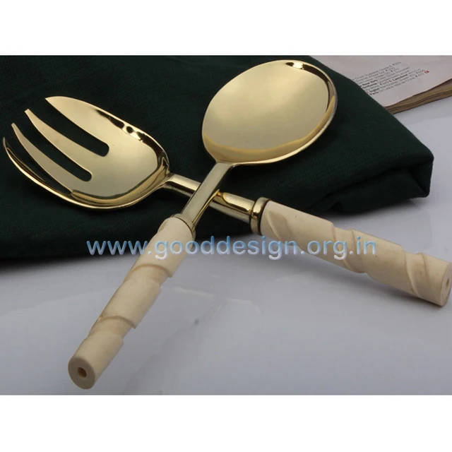 Latest 2 Pcs Stainless Steel Gold PVD Salad Server with Resin Handle or Service Spoon Sets