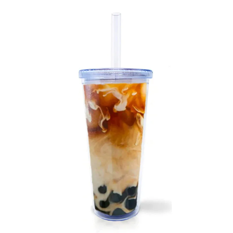 Лидер продаж на Amazon прозрачная акриловая Двухстенная чашка для молока и чая объемом 20 унций без БФА пластиковая Boba с соломинкой