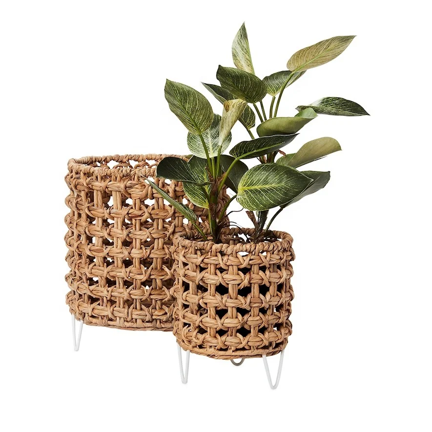 Unique Planter Natural Water Hyacinth Plant Pots Holder With Metal