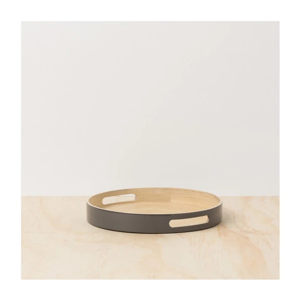 Bamboo Wood Natural Round Serving Food Tray,Raised Edge With Cutout
