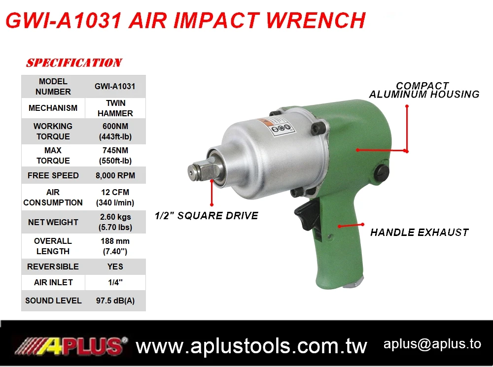 APLUS GWI-A1031 ,1/2 дюймов двух молоток пневматический ударный гайковерт, 600NM, 8000 об/мин