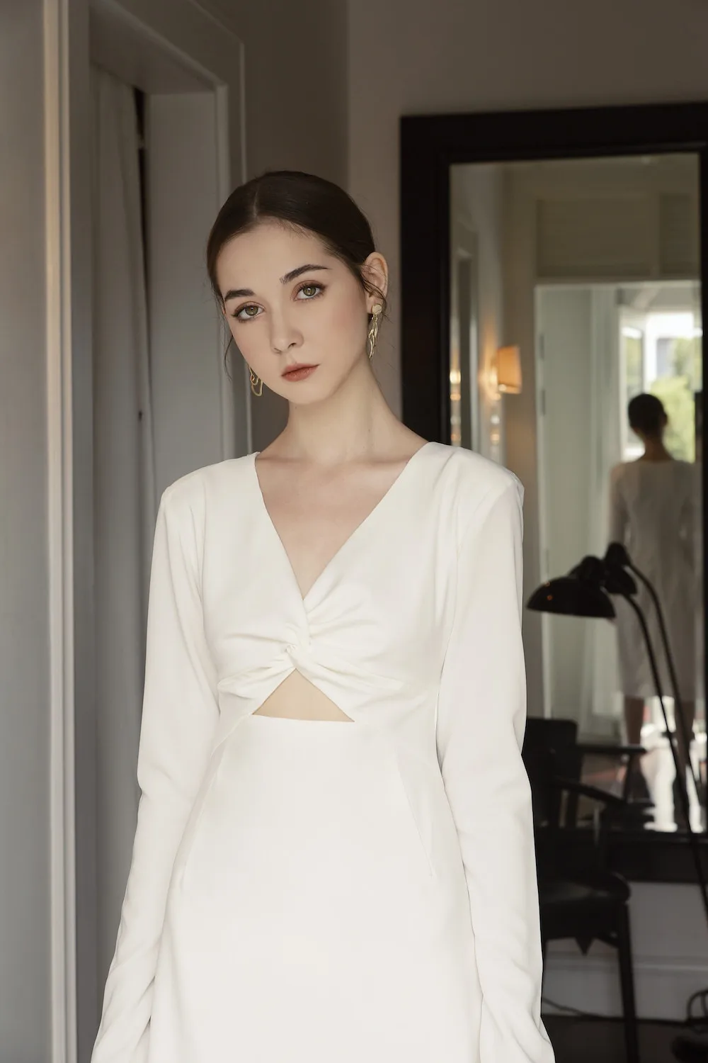 Women's A-Line Chiffon Solid Midi Dresses with Zippers Long Sleeve Natural Waistline Casual & Party Wear Made in Vietnam