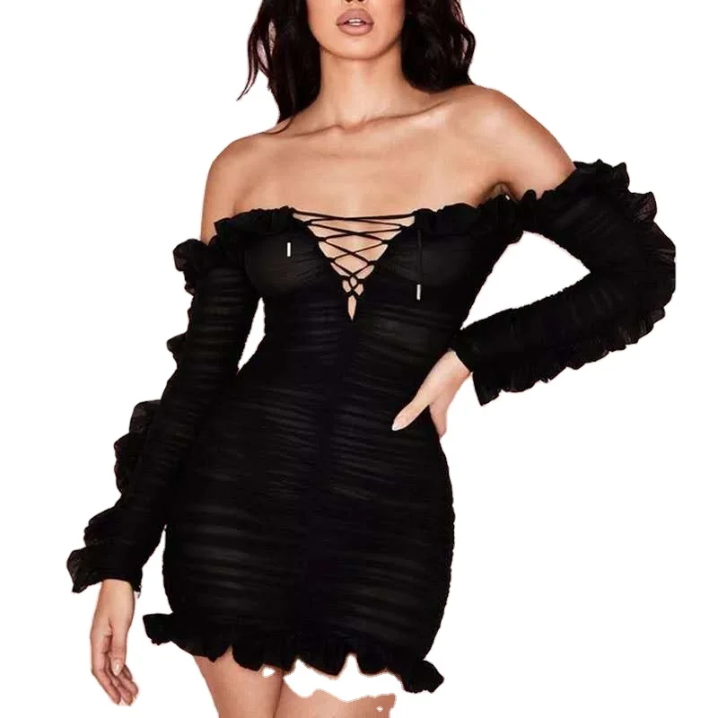 New Summer Sexy Bodycon Women Dress Slash Neck Draped Black Mini Dress  Vestidos Elegant Celebrity Party Dress Black Fashion