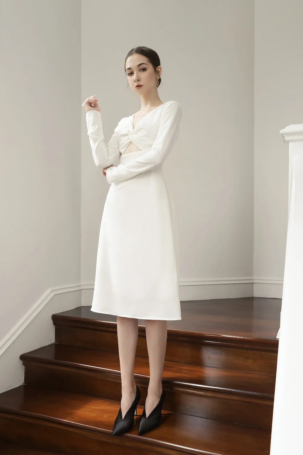 Women's A-Line Chiffon Solid Midi Dresses with Zippers Long Sleeve Natural Waistline Casual & Party Wear Made in Vietnam
