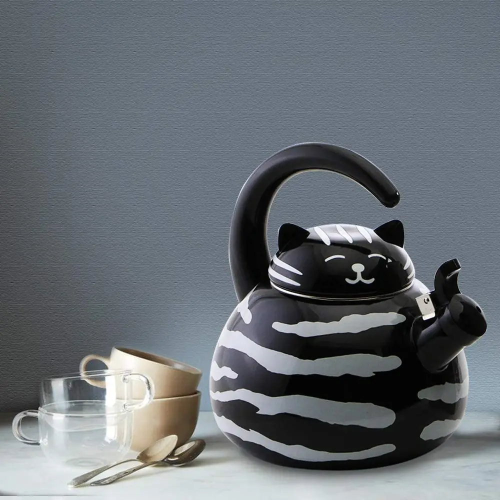 Black Enameled Luzern Kettle Porcelain with Cat Head Shape of Lid and Cat  Body Design 2.0LT/2.1QT.