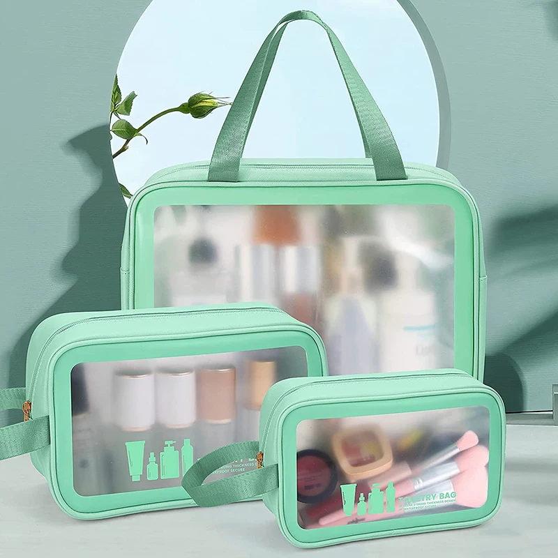 Custom Travel Clear Leather Waterproof Zipper Makeup Cosmetic Organizer Set Translucent Toiletry Bag For Women