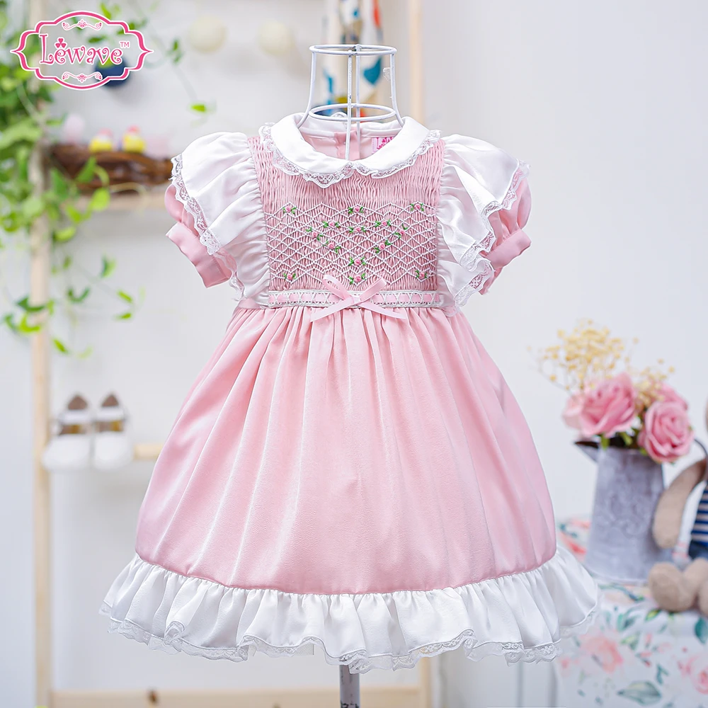 Lovely Ribbon Pink Satin Smock Dress Baby Girls Odm Oem Smocked Dresses ...