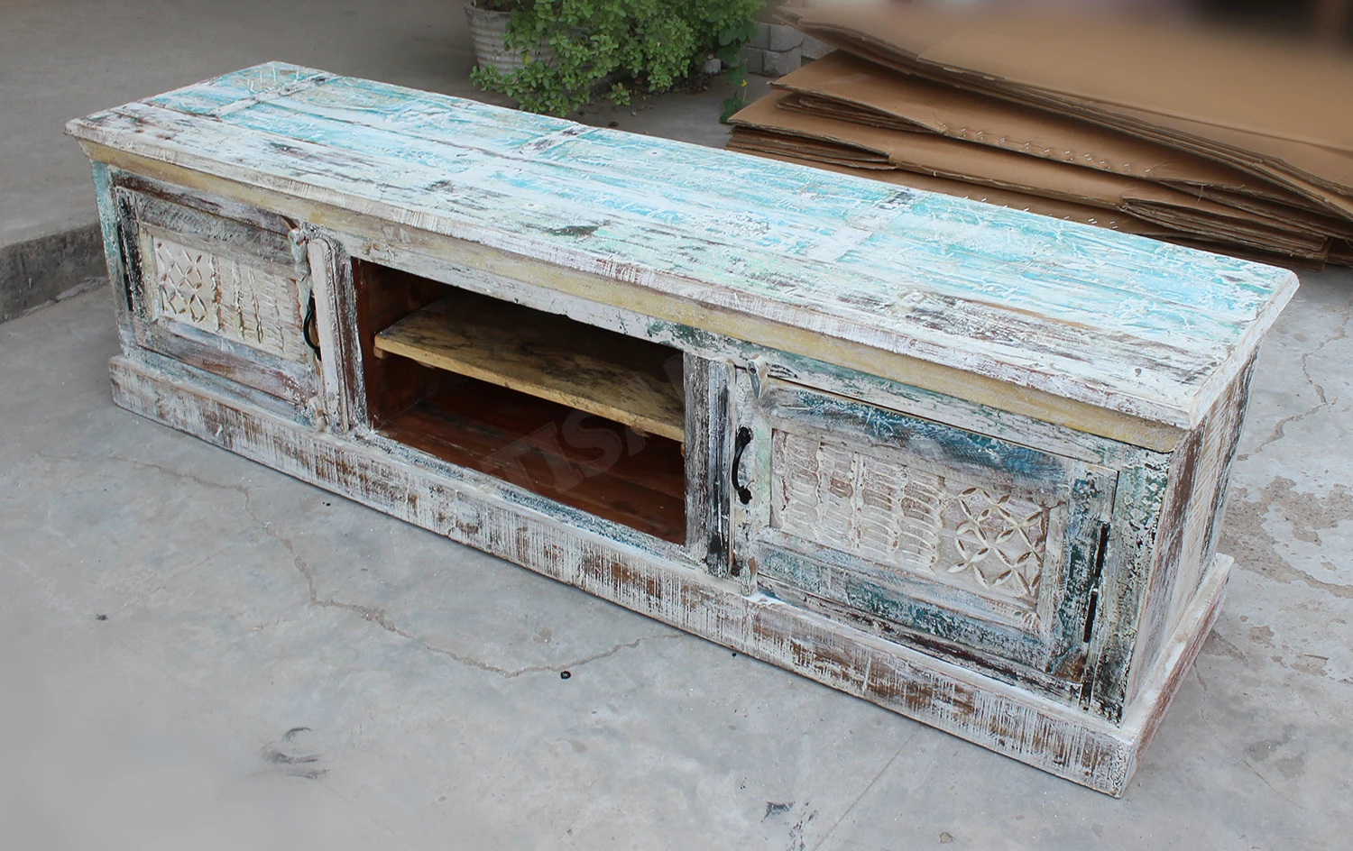 White Distressed Reclaimed Wood Hand Carved Tv Unit Unique Handmade