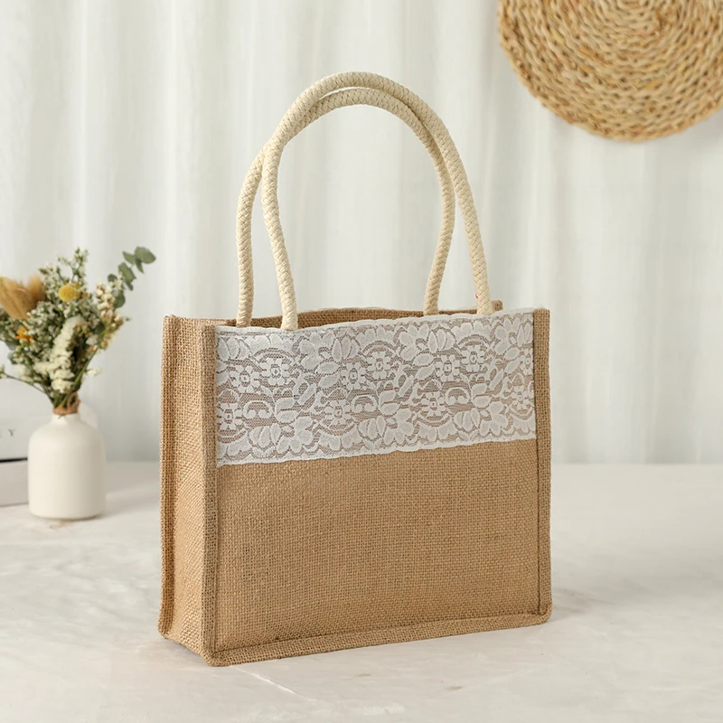 Natural Burlap Custom Logo Printed Tote Bags Reusable Jute Shoulder Bag Shopping With Zipper