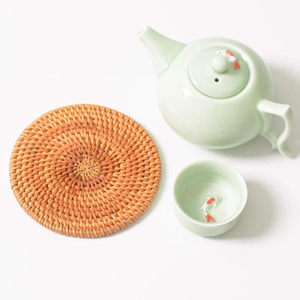 Trendy Round Rattan Set Of Placemats Coaster Natural Handicraft