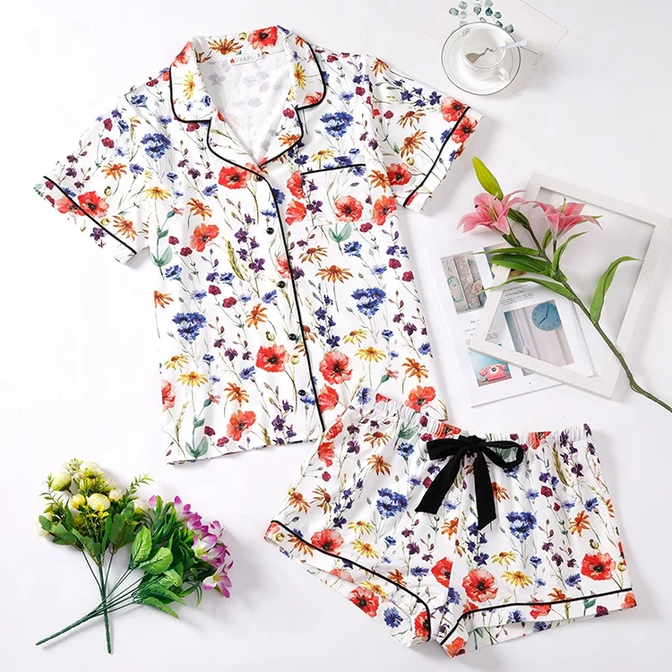 
2021 Пижама с бамбуковым цифровым принтом, с коротким рукавом, из двух частей, пижама из хлопка, женская одежда для сна 