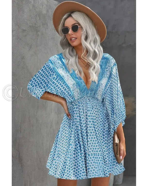 Spring New Product V-Neckline With Yoke Crochet Lace High Waist Short Holiday Beach Party Short Tunic Printed Casual Dresses