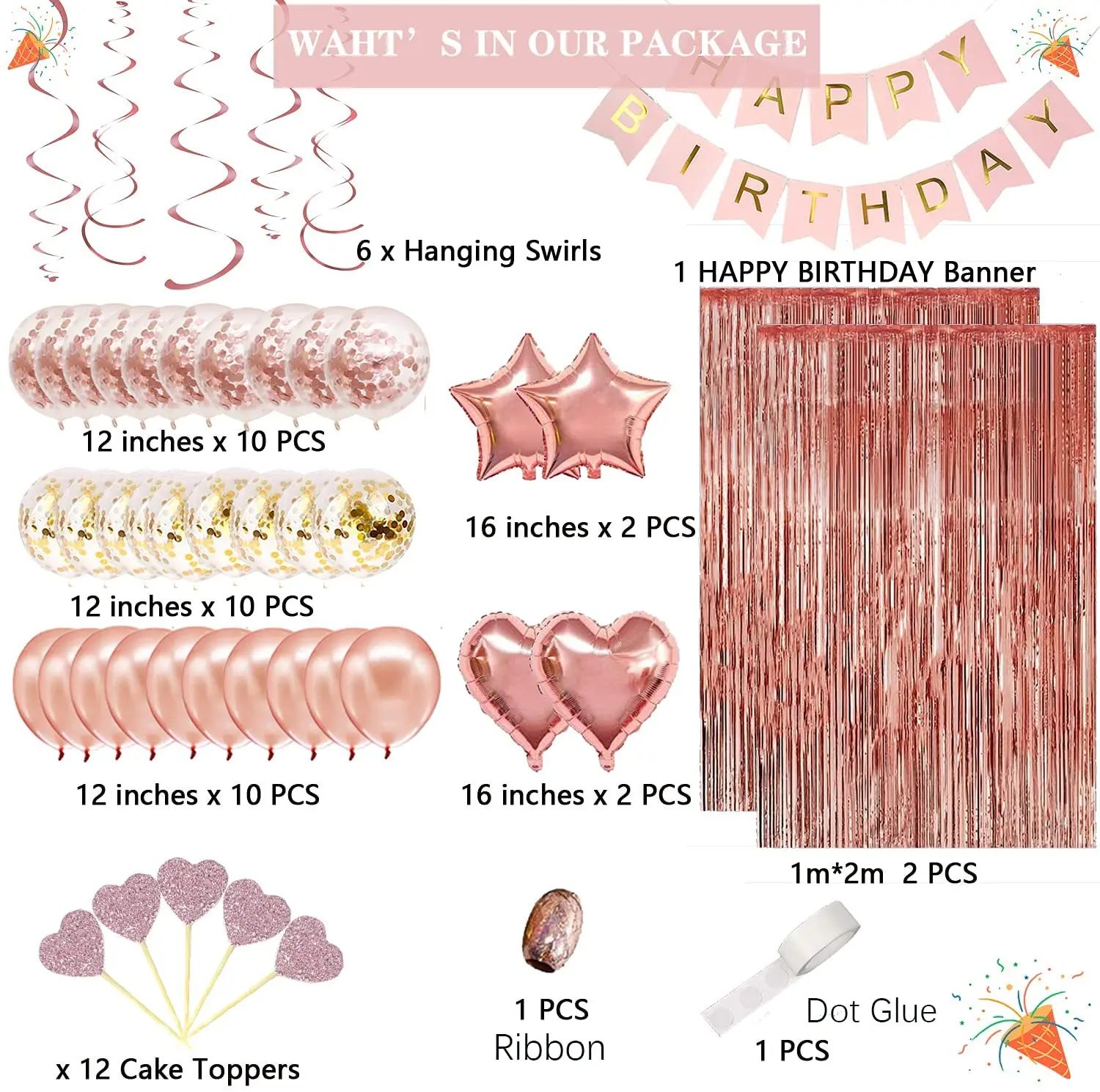 Rose Gold Birthday Party Decoration, Happy Birthday Banner, Rose Gold  Fringe Curtain, Foil Tablecloth, Heart Star Foil Confetti Balloons, Table  Confetti for Women Girl Birthday Party 