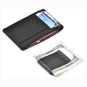 Custom Mens RFID Blocking Black Leather Slim Wallet Card Holder Wallet Carbon Fiber Money Clip